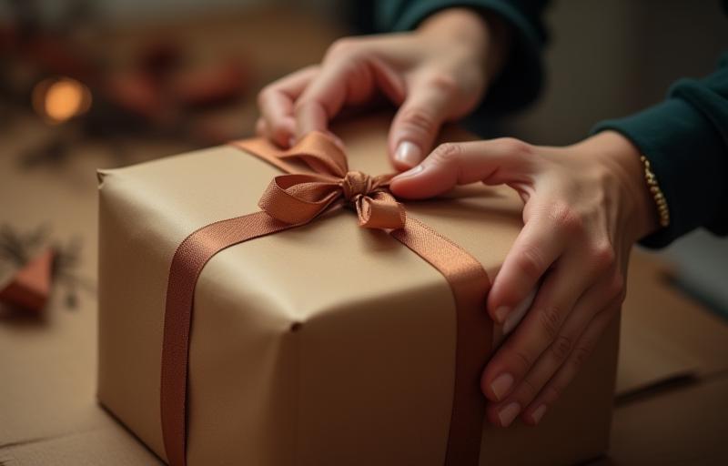 Photo showing a hand carefully wrapping a gift