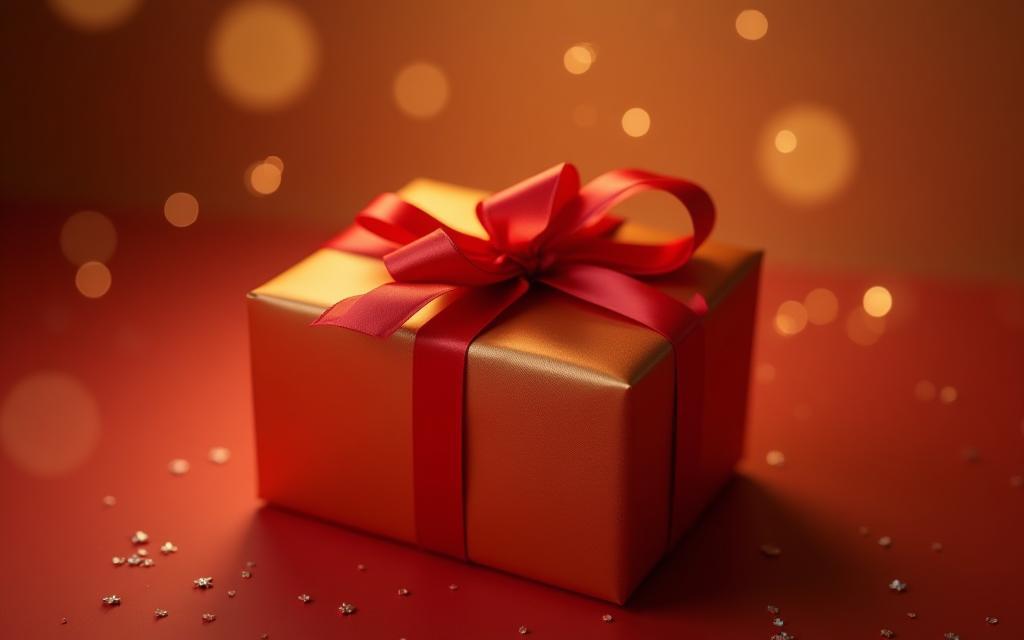 Beautifully wrapped gift with a bow on a festive background with sparkles