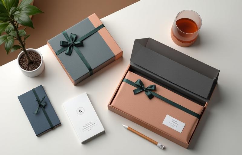Collection of professional corporate gifts on a desk